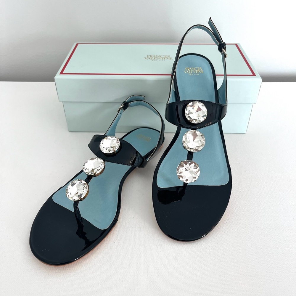 Frances Valentine Victoria Black Patent Leather Sandal with Crystal Accents